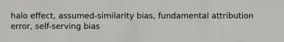 halo effect, assumed-similarity bias, fundamental attribution error, self-serving bias