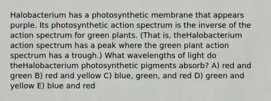 Halobacterium has a photosynthetic membrane that appears purple. Its photosynthetic action spectrum is the inverse of the action spectrum for green plants. (That is, theHalobacterium action spectrum has a peak where the green plant action spectrum has a trough.) What wavelengths of light do theHalobacterium photosynthetic pigments absorb? A) red and green B) red and yellow C) blue, green, and red D) green and yellow E) blue and red