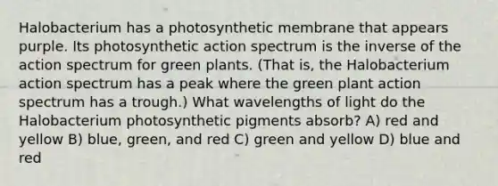 Halobacterium has a photosynthetic membrane that appears purple. Its photosynthetic action spectrum is the inverse of the action spectrum for green plants. (That is, the Halobacterium action spectrum has a peak where the green plant action spectrum has a trough.) What wavelengths of light do the Halobacterium photosynthetic pigments absorb? A) red and yellow B) blue, green, and red C) green and yellow D) blue and red