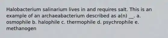 Halobacterium salinarium lives in and requires salt. This is an example of an archaeabacterium described as a(n) __. a. osmophile b. halophile c. thermophile d. psychrophile e. methanogen