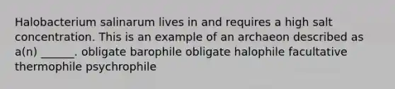 Halobacterium salinarum lives in and requires a high salt concentration. This is an example of an archaeon described as a(n) ______. obligate barophile obligate halophile facultative thermophile psychrophile