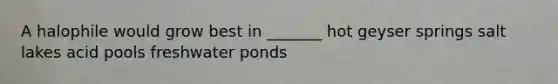 A halophile would grow best in _______ hot geyser springs salt lakes acid pools freshwater ponds