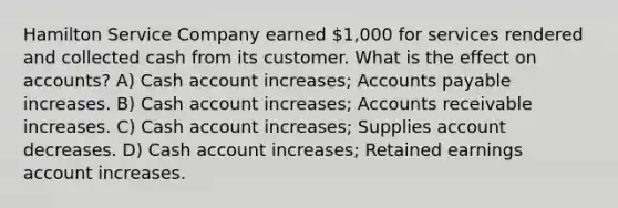 Hamilton Service Company earned 1,000 for services rendered and collected cash from its customer. What is the effect on accounts? A) Cash account increases; Accounts payable increases. B) Cash account increases; Accounts receivable increases. C) Cash account increases; Supplies account decreases. D) Cash account increases; Retained earnings account increases.