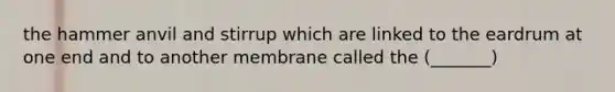 the hammer anvil and stirrup which are linked to the eardrum at one end and to another membrane called the (_______)