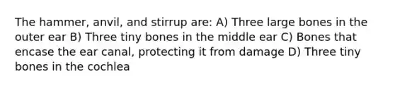 The hammer, anvil, and stirrup are: A) Three large bones in the outer ear B) Three tiny bones in the middle ear C) Bones that encase the ear canal, protecting it from damage D) Three tiny bones in the cochlea