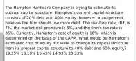 The Hampton Hardware Company is trying to estimate its optimal capital structure. Hampton's current capital structure consists of 20% debt and 80% equity; however, management believes the firm should use more debt. The risk-free rate, rRF, is 7%, the market risk premium is 5%, and the firm's tax rate is 35%. Currently, Hampton's cost of equity is 16%, which is determined on the basis of the CAPM. What would be Hampton's estimated cost of equity if it were to change its capital structure from its present capital structure to 40% debt and 60% equity? 19.25% 18.10% 15.45% 14.93% 20.33%