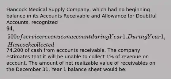 Hancock Medical Supply Company, which had no beginning balance in its Accounts Receivable and Allowance for Doubtful Accounts, recognized 94,500 of service revenue on account during Year 1. During Year 1, Hancock collected74,200 of cash from accounts receivable. The company estimates that it will be unable to collect 1% of revenue on account. The amount of net realizable value of receivables on the December 31, Year 1 balance sheet would be: