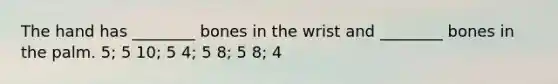 The hand has ________ bones in the wrist and ________ bones in the palm. 5; 5 10; 5 4; 5 8; 5 8; 4