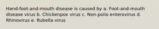 Hand-foot-and-mouth disease is caused by a. Foot-and-mouth disease virus b. Chickenpox virus c. Non-polio enterovirus d. Rhinovirus e. Rubella virus