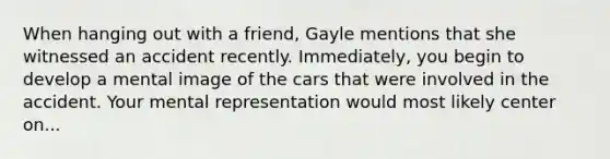 When hanging out with a friend, Gayle mentions that she witnessed an accident recently. Immediately, you begin to develop a mental image of the cars that were involved in the accident. Your mental representation would most likely center on...