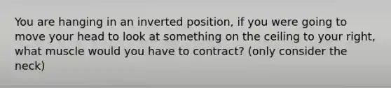 You are hanging in an inverted position, if you were going to move your head to look at something on the ceiling to your right, what muscle would you have to contract? (only consider the neck)