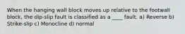 When the hanging wall block moves up relative to the footwall block, the dip-slip fault is classified as a ____ fault. a) Reverse b) Strike-slip c) Monocline d) normal