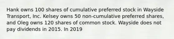 Hank owns 100 shares of cumulative preferred stock in Wayside Transport, Inc. Kelsey owns 50 non-cumulative preferred shares, and Oleg owns 120 shares of common stock. Wayside does not pay dividends in 2015. In 2019