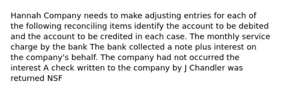 Hannah Company needs to make adjusting entries for each of the following reconciling items identify the account to be debited and the account to be credited in each case. The monthly service charge by the bank The bank collected a note plus interest on the company's behalf. The company had not occurred the interest A check written to the company by J Chandler was returned NSF