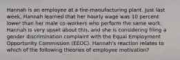 Hannah is an employee at a tire-manufacturing plant. Just last week, Hannah learned that her hourly wage was 10 percent lower than her male co-workers who perform the same work. Hannah is very upset about this, and she is considering filing a gender discrimination complaint with the Equal Employment Opportunity Commission (EEOC). Hannah's reaction relates to which of the following theories of employee motivation?