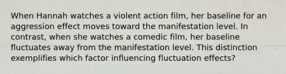 When Hannah watches a violent action film, her baseline for an aggression effect moves toward the manifestation level. In contrast, when she watches a comedic film, her baseline fluctuates away from the manifestation level. This distinction exemplifies which factor influencing fluctuation effects?