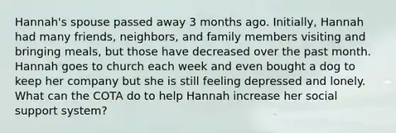 Hannah's spouse passed away 3 months ago. Initially, Hannah had many friends, neighbors, and family members visiting and bringing meals, but those have decreased over the past month. Hannah goes to church each week and even bought a dog to keep her company but she is still feeling depressed and lonely. What can the COTA do to help Hannah increase her social support system?