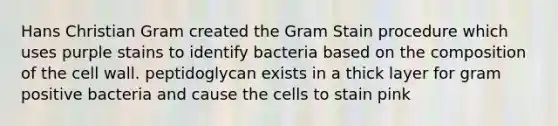 Hans Christian Gram created the Gram Stain procedure which uses purple stains to identify bacteria based on the composition of the cell wall. peptidoglycan exists in a thick layer for gram positive bacteria and cause the cells to stain pink