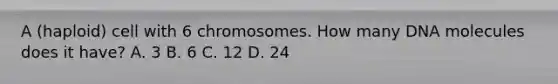 A (haploid) cell with 6 chromosomes. How many DNA molecules does it have? A. 3 B. 6 C. 12 D. 24