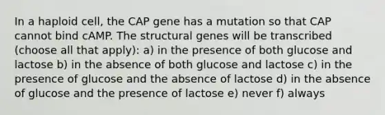 In a haploid cell, the CAP gene has a mutation so that CAP cannot bind cAMP. The structural genes will be transcribed (choose all that apply): a) in the presence of both glucose and lactose b) in the absence of both glucose and lactose c) in the presence of glucose and the absence of lactose d) in the absence of glucose and the presence of lactose e) never f) always