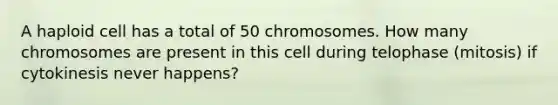 A haploid cell has a total of 50 chromosomes. How many chromosomes are present in this cell during telophase (mitosis) if cytokinesis never happens?