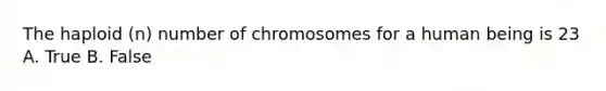 The haploid (n) number of chromosomes for a human being is 23 A. True B. False