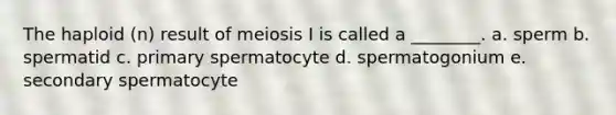 The haploid (n) result of meiosis I is called a ________. a. sperm b. spermatid c. primary spermatocyte d. spermatogonium e. secondary spermatocyte