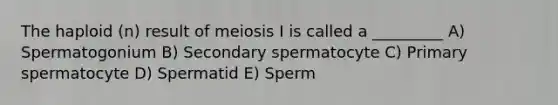 The haploid (n) result of meiosis I is called a _________ A) Spermatogonium B) Secondary spermatocyte C) Primary spermatocyte D) Spermatid E) Sperm