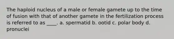 The haploid nucleus of a male or female gamete up to the time of fusion with that of another gamete in the fertilization process is referred to as ____. a. spermatid b. ootid c. polar body d. pronuclei