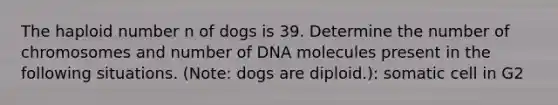 The haploid number n of dogs is 39. Determine the number of chromosomes and number of DNA molecules present in the following situations. (Note: dogs are diploid.): somatic cell in G2