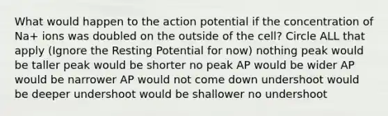 What would happen to the action potential if the concentration of Na+ ions was doubled on the outside of the cell? Circle ALL that apply (Ignore the Resting Potential for now) nothing peak would be taller peak would be shorter no peak AP would be wider AP would be narrower AP would not come down undershoot would be deeper undershoot would be shallower no undershoot