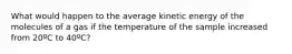 What would happen to the average kinetic energy of the molecules of a gas if the temperature of the sample increased from 20ºC to 40ºC?