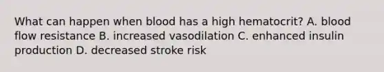 What can happen when blood has a high hematocrit? A. blood flow resistance B. increased vasodilation C. enhanced insulin production D. decreased stroke risk