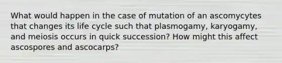 What would happen in the case of mutation of an ascomycytes that changes its life cycle such that plasmogamy, karyogamy, and meiosis occurs in quick succession? How might this affect ascospores and ascocarps?