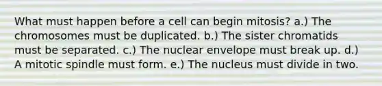 What must happen before a cell can begin mitosis? a.) The chromosomes must be duplicated. b.) The sister chromatids must be separated. c.) The nuclear envelope must break up. d.) A mitotic spindle must form. e.) The nucleus must divide in two.