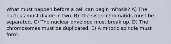 What must happen before a cell can begin mitosis? A) The nucleus must divide in two. B) The sister chromatids must be separated. C) The nuclear envelope must break up. D) The chromosomes must be duplicated. E) A mitotic spindle must form.