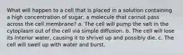 What will happen to a cell that is placed in a solution containing a high concentration of sugar, a molecule that cannot pass across the cell membrane? a. The cell will pump the salt in the cytoplasm out of the cell via simple diffusion. b. The cell will lose its interior water, causing it to shrivel up and possibly die. c. The cell will swell up with water and burst.