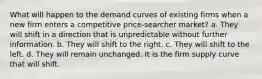 What will happen to the demand curves of existing firms when a new firm enters a competitive price-searcher market? a. They will shift in a direction that is unpredictable without further information. b. They will shift to the right. c. They will shift to the left. d. They will remain unchanged. It is the firm supply curve that will shift.