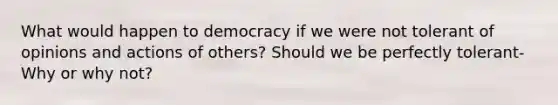 What would happen to democracy if we were not tolerant of opinions and actions of others? Should we be perfectly tolerant- Why or why not?