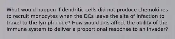 What would happen if dendritic cells did not produce chemokines to recruit monocytes when the DCs leave the site of infection to travel to the lymph node? How would this affect the ability of the immune system to deliver a proportional response to an invader?