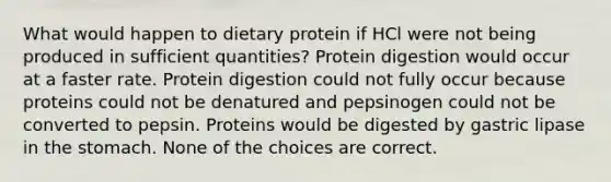 What would happen to dietary protein if HCl were not being produced in sufficient quantities? Protein digestion would occur at a faster rate. Protein digestion could not fully occur because proteins could not be denatured and pepsinogen could not be converted to pepsin. Proteins would be digested by gastric lipase in the stomach. None of the choices are correct.