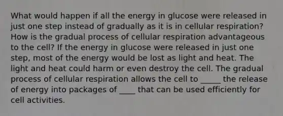 What would happen if all the energy in glucose were released in just one step instead of gradually as it is in <a href='https://www.questionai.com/knowledge/k1IqNYBAJw-cellular-respiration' class='anchor-knowledge'>cellular respiration</a>? How is the gradual process of cellular respiration advantageous to the cell? If the energy in glucose were released in just one step, most of the energy would be lost as light and heat. The light and heat could harm or even destroy the cell. The gradual process of cellular respiration allows the cell to _____ the release of energy into packages of ____ that can be used efficiently for cell activities.