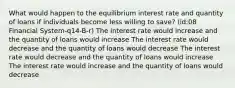 What would happen to the equilibrium interest rate and quantity of loans if individuals become less willing to save? (id:08 Financial System-q14-B-r) The interest rate would increase and the quantity of loans would increase The interest rate would decrease and the quantity of loans would decrease The interest rate would decrease and the quantity of loans would increase The interest rate would increase and the quantity of loans would decrease