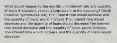 What would happen to the equilibrium interest rate and quantity of loans if investors expect a large boom to the economy? (id:08 Financial System-q14-B-b) The interest rate would increase and the quantity of loans would increase The interest rate would decrease and the quantity of loans would decrease The interest rate would decrease and the quantity of loans would increase The interest rate would increase and the quantity of loans would decrease