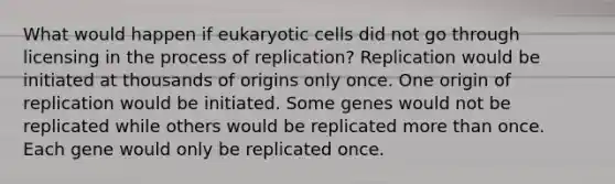 What would happen if eukaryotic cells did not go through licensing in the process of replication? Replication would be initiated at thousands of origins only once. One origin of replication would be initiated. Some genes would not be replicated while others would be replicated more than once. Each gene would only be replicated once.