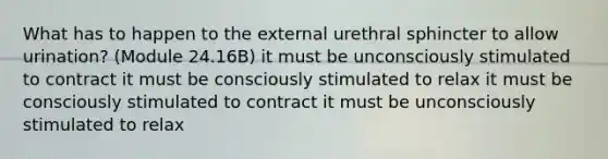 What has to happen to the external urethral sphincter to allow urination? (Module 24.16B) it must be unconsciously stimulated to contract it must be consciously stimulated to relax it must be consciously stimulated to contract it must be unconsciously stimulated to relax