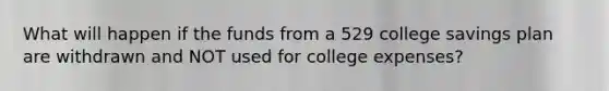 What will happen if the funds from a 529 college savings plan are withdrawn and NOT used for college expenses?