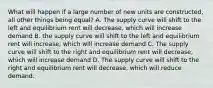 What will happen if a large number of new units are constructed, all other things being equal? A. The supply curve will shift to the left and equilibrium rent will decrease, which will increase demand B. the supply curve will shift to the left and equilibrium rent will increase, which will increase demand C. The supply curve will shift to the right and equilibrium rent will decrease, which will increase demand D. The supply curve will shift to the right and equilibrium rent will decrease, which will reduce demand.