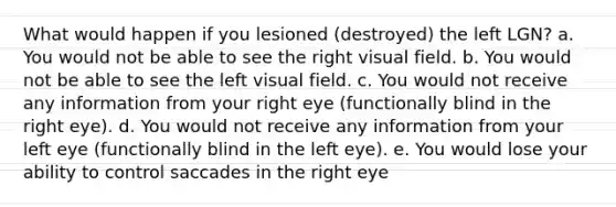 What would happen if you lesioned (destroyed) the left LGN? a. You would not be able to see the right visual field. b. You would not be able to see the left visual field. c. You would not receive any information from your right eye (functionally blind in the right eye). d. You would not receive any information from your left eye (functionally blind in the left eye). e. You would lose your ability to control saccades in the right eye