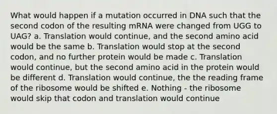 What would happen if a mutation occurred in DNA such that the second codon of the resulting mRNA were changed from UGG to UAG? a. Translation would continue, and the second amino acid would be the same b. Translation would stop at the second codon, and no further protein would be made c. Translation would continue, but the second amino acid in the protein would be different d. Translation would continue, the the reading frame of the ribosome would be shifted e. Nothing - the ribosome would skip that codon and translation would continue